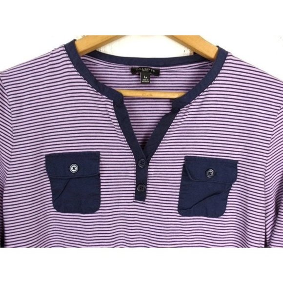 Vintage 90s Talbots lavender and blue striped pullover pocket vneck top - Picture 5 of 6